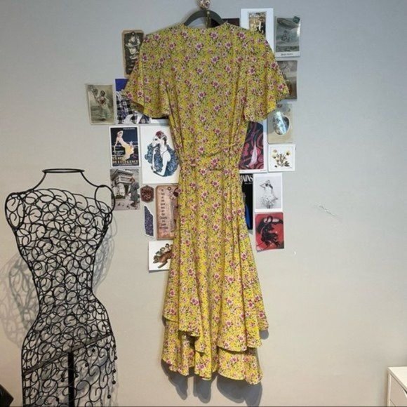 ROBERTA ROLLER RABBIT PINK FLORAL RUFFLE HEM WRAP FLUTTER SLEEVE MIDI DRESS S - Picture 4 of 7